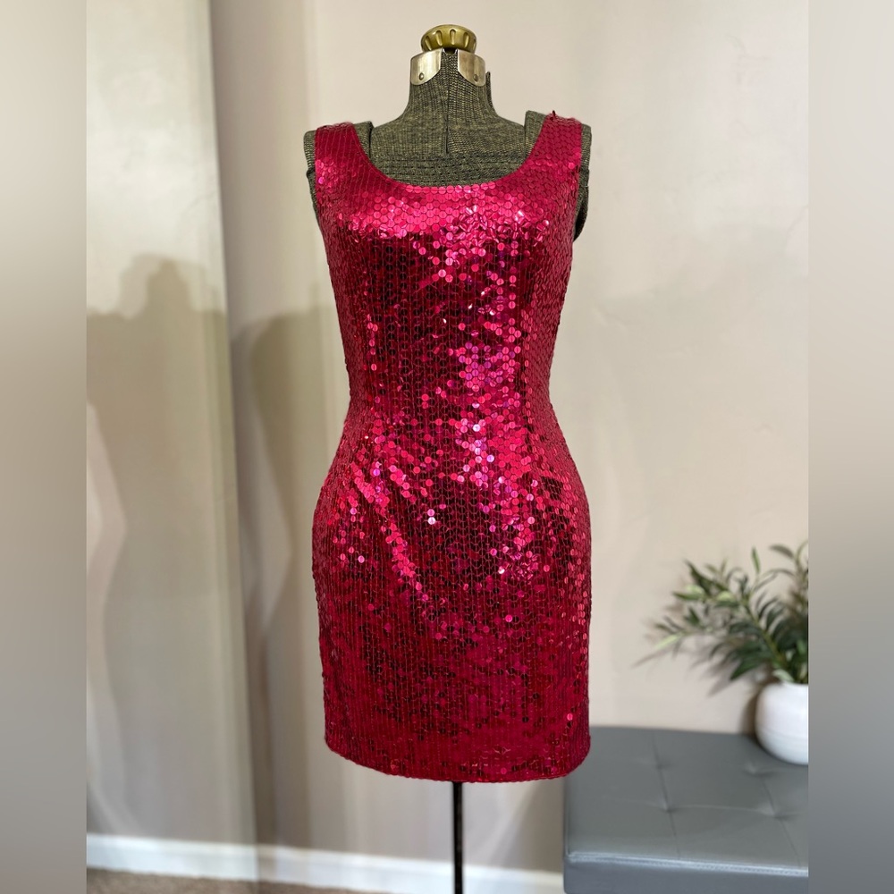 Vintage 90s Niteline Pink Sequin Mini Dress Bodycon Barbie Y2K Party Clubwear